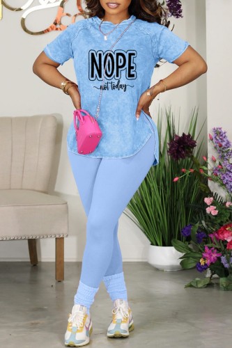 Light Blue Casual Letter Print Basic O Neck Short Sleeve Two Pieces