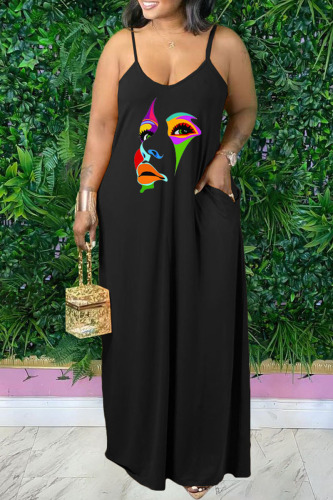 Black Sexy Casual Print Backless Spaghetti Strap Long Dress Plus Size Dresses