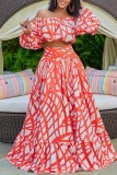 Red White Graphic Print Off Shoulder Lantern Sleeve Crop Top and Maxi Skirt Casual Vacation Two Piece Dress