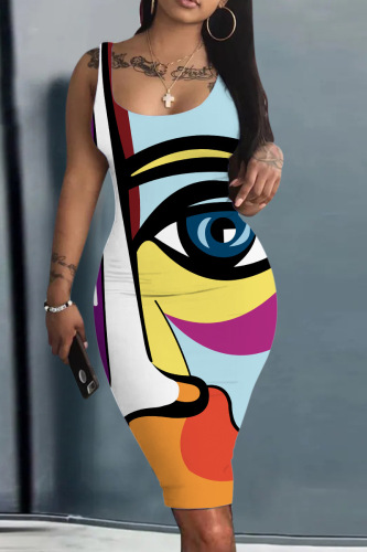 Multicolor Casual Print Basic U Neck Vest Dress Dresses