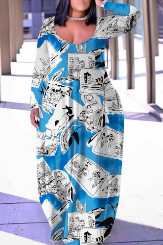 Light Blue Casual Print Basic O Neck Long Sleeve Dresses