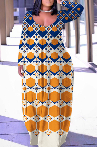 Blue Orange Casual Print Basic O Neck Long Sleeve Dresses