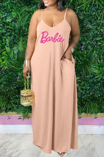 Apricot Sexy Casual Print Backless Spaghetti Strap Long Dress Plus Size Dresses