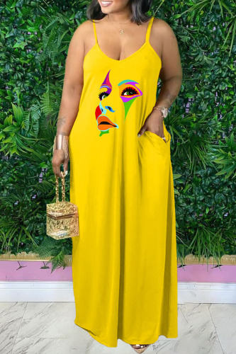 Yellow Sexy Casual Print Backless Spaghetti Strap Long Dress Plus Size Dresses