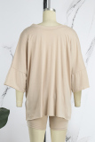 Khaki Casual Solid Basic V Neck Short Sleeve Two Pieces