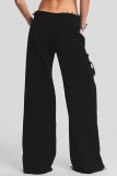 Black Casual Solid Ripped Patchwork Mid Waist Regular Denim Jeans (Subject To The Actual Object)