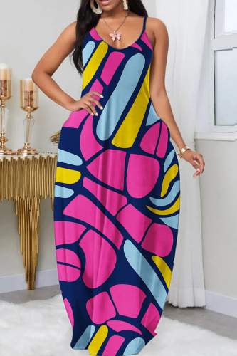 Rose Red Sexy Casual Print Backless Spaghetti Strap Long Dress Dresses