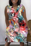 Multicolor Casual Print Patchwork V Neck Sleeveless Dress Dresses