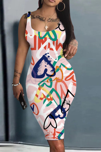 Pink Casual Print Basic U Neck Vest Dress Dresses