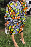 Red Orange Casual Print Hollowed Out Patchwork Half A Turtleneck Long Sleeve Dresses