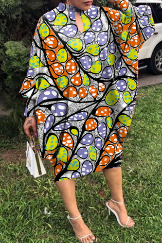 Purple Orange Casual Print Hollowed Out Patchwork Half A Turtleneck Long Sleeve Dresses