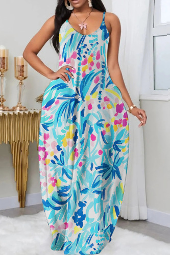 Light Blue Sexy Casual Print Backless Spaghetti Strap Long Dress Dresses