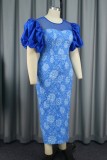 Blue Party Formal Print Patchwork O Neck One Step Skirt Dresses