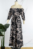 Black Casual Print Patchwork Off the Shoulder Long Dress Dresses
