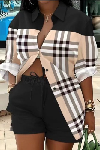 Khaki Casual Print Patchwork Turndown Collar Long Sleeve Two Pieces