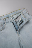 Baby Blue Casual Solid Hollowed Out Patchwork High Waist Skinny Denim Jeans