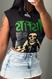Black Street Print Patchwork Skull O Neck Mid Waist Tops(Without Skirts )