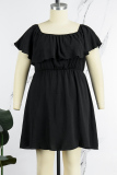 Black Casual Solid Patchwork O Neck Short Sleeve Dress Plus Size Dresses