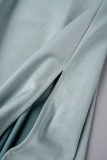 Light Blue Casual Vacation Solid Slit Fold Off the Shoulder Long Sleeve Two Pieces
