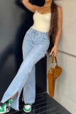 Light Blue Casual Solid Ripped Slit High Waist Skinny Denim Jeans (Subject To The Actual Object)