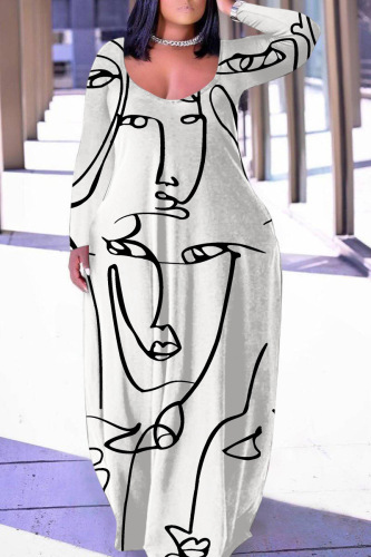 White Casual Print Basic O Neck Long Sleeve Dresses