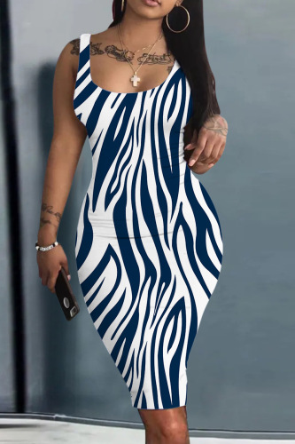 Blue White Casual Print Basic U Neck Vest Dress Dresses