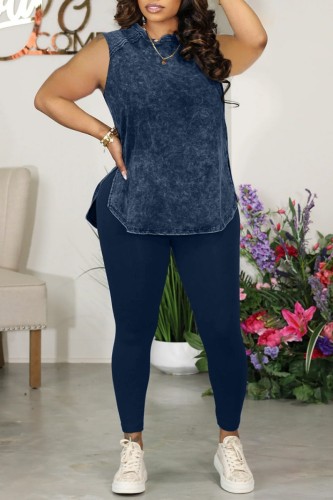 Blue Casual Print Basic O Neck Sleeveless Two Pieces