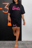 Black Casual Print Letter O Neck Short Sleeve Two Pieces