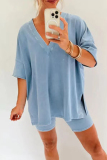 Blue Casual Simplicity Solid V Neck Short Sleeve Two Pieces