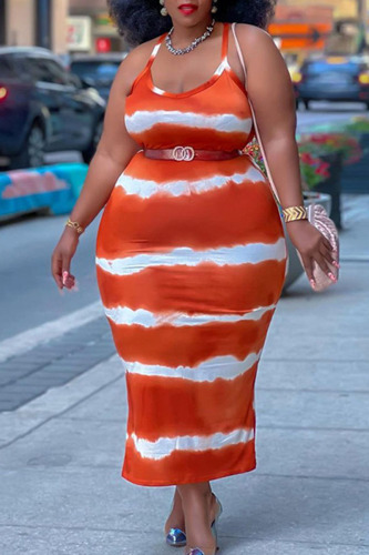 Red Sexy Striped Print Spaghetti Strap Straight Plus Size Dresses(Without Belt)