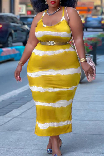 Yellow Sexy Striped Print Spaghetti Strap Straight Plus Size Dresses(Without Belt)