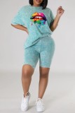 Sky Blue Casual Print Basic O Neck Short Sleeve Two Pieces