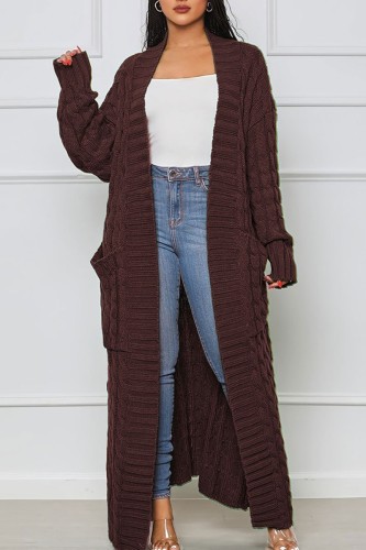 Coffee Casual Street Solid Slit Cardigan Weave Outerwear