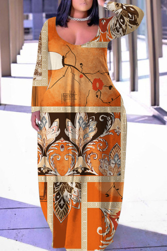Orange Casual Print Basic O Neck Long Sleeve Dresses