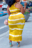 Yellow Sexy Striped Print Spaghetti Strap Straight Plus Size Dresses(Without Belt)