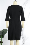 Black Casual Solid Patchwork Pleated V Neck A Line Dresses