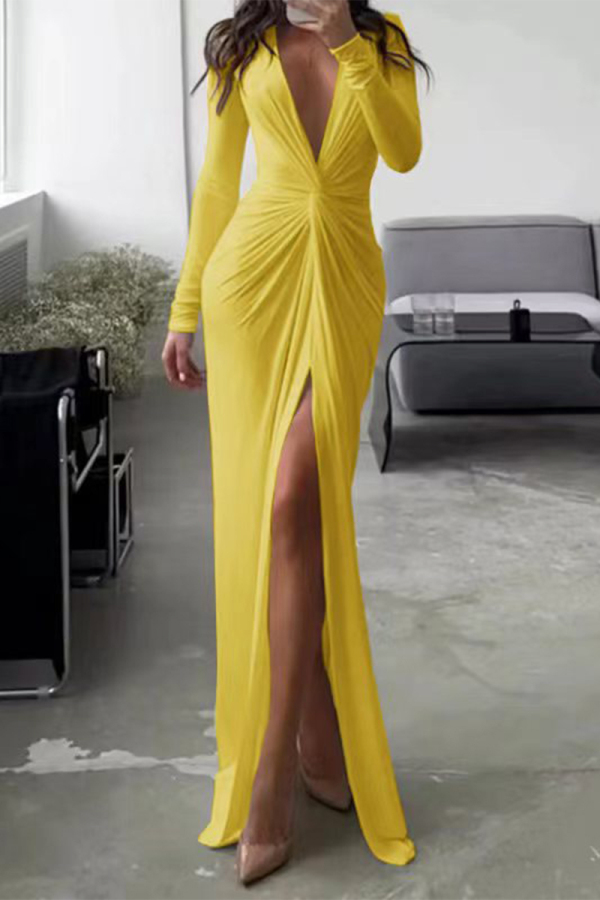 Yellow Elegant Solid Fold V Neck Pleated Dresses