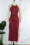 Red Casual Print Frenulum Slit O Neck Sleeveless Dress Dresses
