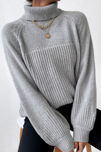 Grey Casual Solid Patchwork Turtleneck Tops