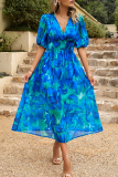 Blue Elegant Print Patchwork V Neck A Line Dresses