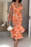 Orange Sweet Elegant Print Patchwork V Neck Sleeveless Dress Dresses