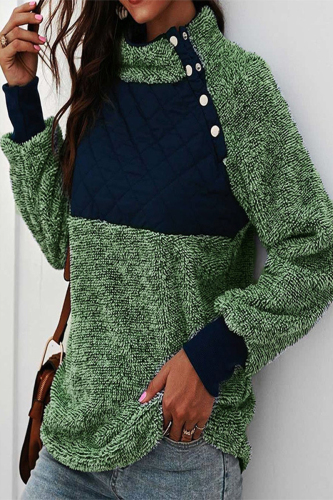 Green Casual Patchwork Contrast Turtleneck Tops