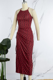 Red Casual Print Frenulum Slit O Neck Sleeveless Dress Dresses