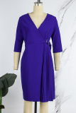Royal Blue Casual Solid Patchwork Pleated V Neck A Line Dresses