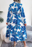 Blue Elegant Floral Patchwork Turndown Collar A Line Dresses