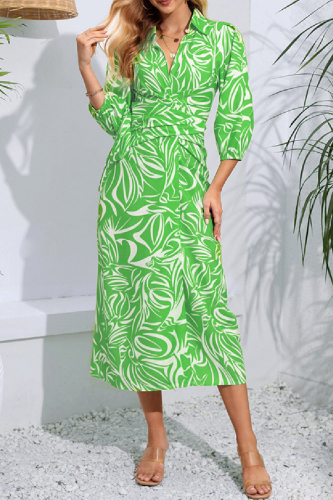 Green Casual Print Frenulum Slit Turndown Collar Long Sleeve Dresses
