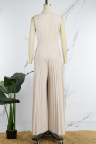 Khaki Casual Solid Hollowed Out Frenulum Pleated V Neck Regular Jumpsuits