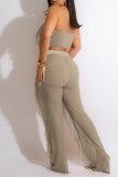 Apricot Sleeveless Off Shoulder Ruffled Trim Crop Top and Pants Casual Vacation Two Piece Pants Set