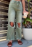 Brown Casual Solid Ripped Patchwork High Waist Regular Denim Jeans
