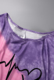 Purple Casual Gradual Change Print Basic O Neck T-Shirts (Subject To The Actual Object)